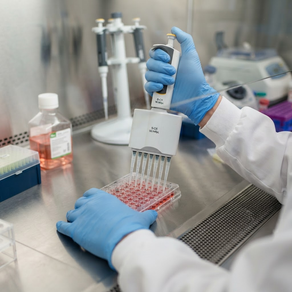 Researcher performing cell culture work in the lab